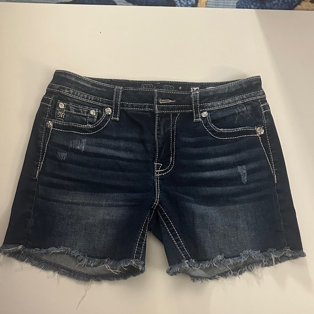 Miss Me Dark Blue Distressed Frayed Hem Jean Shorts